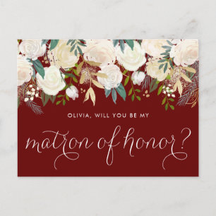 Ivory Floral Red Will You Be My Matron of Honour Invitation Postcard