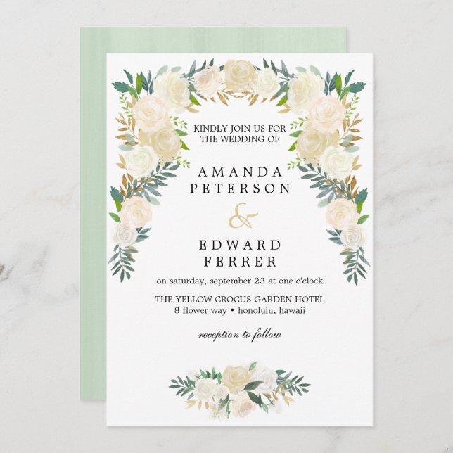 Ivory Floral  Roses Garland wedding blush mint Invitation (Front/Back)