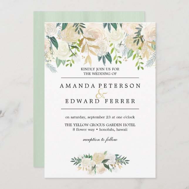 Ivory Floral  Roses Greenery wedding mint Invitation (Front/Back)