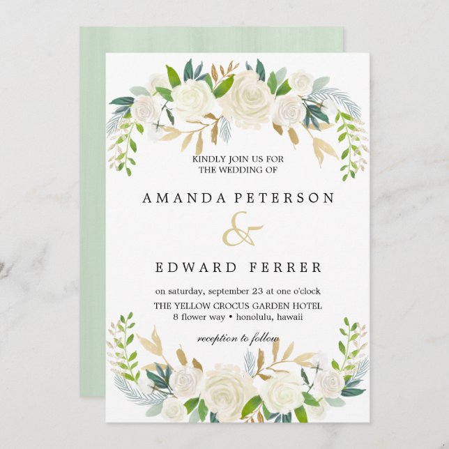 Ivory Floral  Roses  wedding Mint Invitation (Front/Back)
