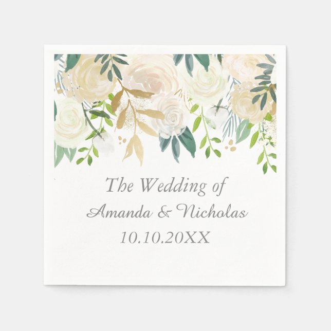 Ivory Floral Roses  wedding personalised Napkin (Front)