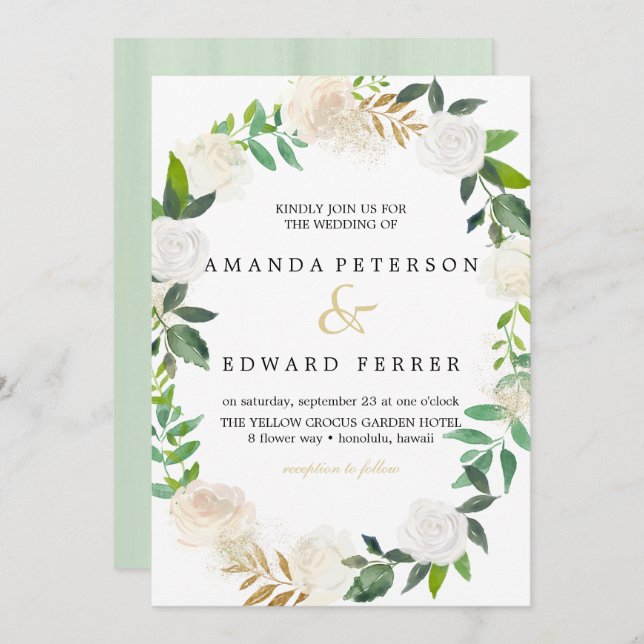 Ivory Floral  Roses wreath wedding mint Invitation (Front/Back)