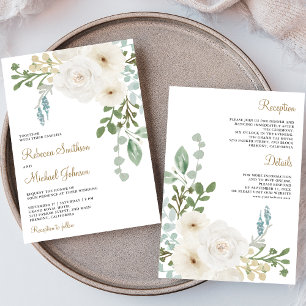 Ivory Floral Sage Green Leaves All in One Wedding Invitation