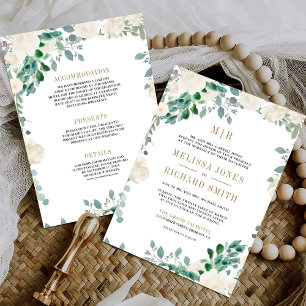 Ivory Floral Sage Green Leaves All in One Wedding Invitation