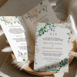 Ivory Floral Sage Green Leaves QR Code Wedding Invitation