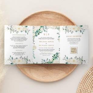 Ivory Floral Sage Green Leaves QR Code Wedding Tri-Fold Invitation
