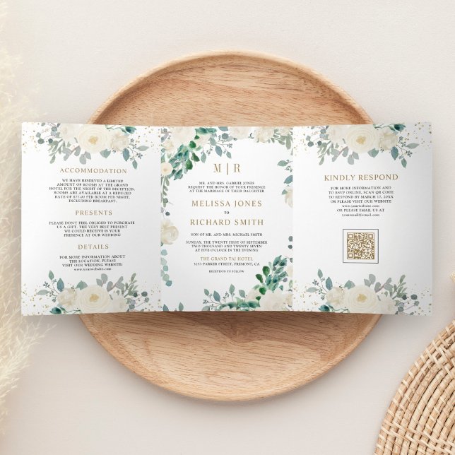 Ivory Floral Sage Green Leaves QR Code Wedding Tri-Fold Invitation (Creator Uploaded)