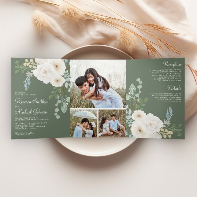 Ivory Floral Sage Green Photo Collage Wedding Tri-Fold Invitation (Creator Uploaded)