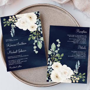 Ivory Floral Sage Leaves Navy All in One Wedding Invitation