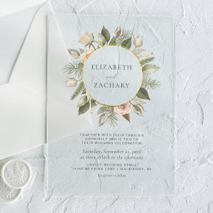 Ivory Floral Watercolor Gold Circle Wedding Acrylic Invitations