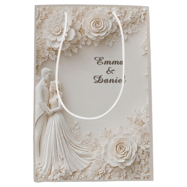 🤍 Ivory Floral Wedding Silhouette Frame🤍 Medium Gift Bag (Front)