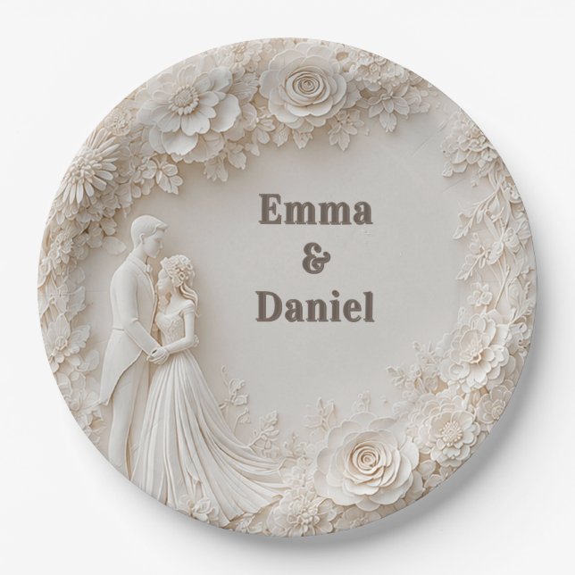 🤍 Ivory Floral Wedding Silhouette Frame🤍 Paper Plate (Front)