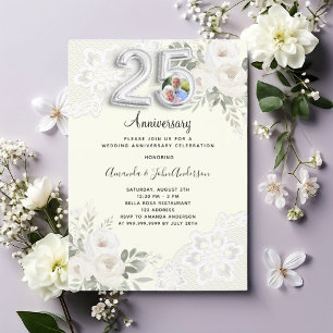 Ivory florals photo 25th wedding anniversary invitation