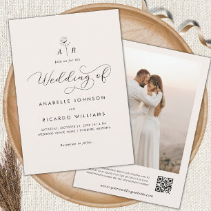 Ivory Flower Monogram Script Photo QR Code Wedding Invitation