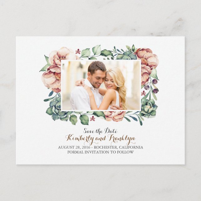 ivory flowers and succulents photo save the date announcement postcard (Front)