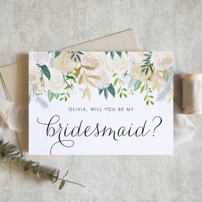 Ivory Flowers Elegant Will You Be My Bridesmaid Card (Floral bridesmaid card with watercolor ivory flowers, greenery, and faux gold foil accent.)