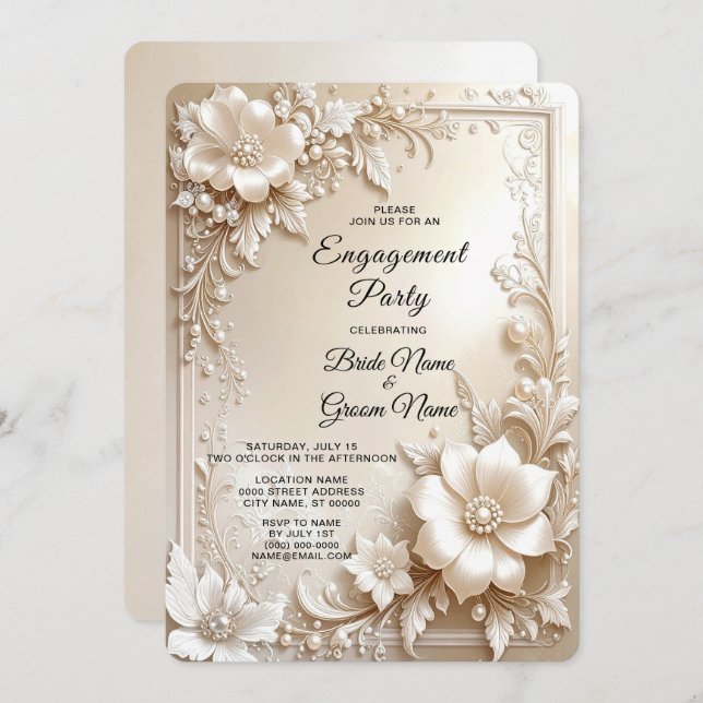 Ivory Flowers Engagement Invitation (Front/Back)