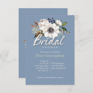 Ivory flowers on blue bridal shower invitations