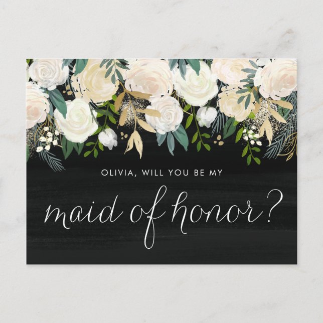 Ivory Flowers Rusitc Will You Be My Maid of Honour Invitation Postcard (Front)
