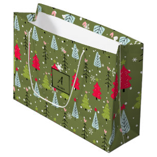 Ivory Forest Green French Country Winter Toile Large Gift Bag