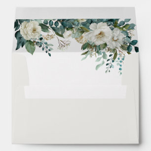 Ivory Forest Teal Script Floral Wedding Envelope