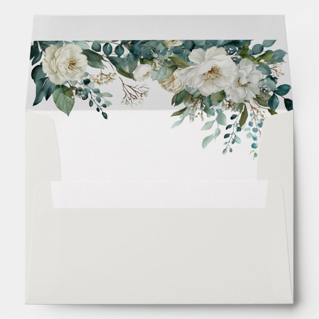 Ivory Forest Teal Script Floral Wedding Envelope (Back (Bottom))