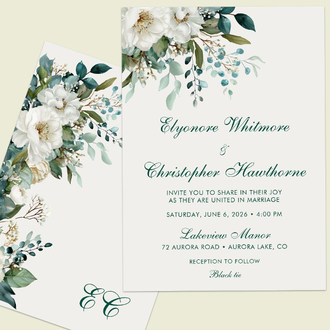 Ivory Forest Teal Script Floral Wedding Invitation (Creator Uploaded)