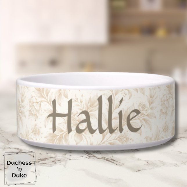 Ivory Garden Floral Pattern Design Dog  Bowl (Personalized Dog Bowl with ivory botanical design displayed on marble counter top)
