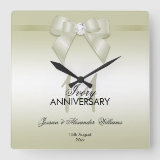 Ivory Gem Bow & Ribbon 14th Wedding Anniversary Square Wall Clock