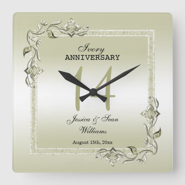 Ivory Gem & Glitter 14th Wedding Anniversary  Square Wall Clock (Front)