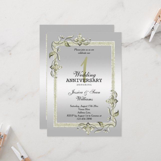 Ivory Gem,  Glitter & Silver 1st Wedding   Invitation (Front/Back In Situ)