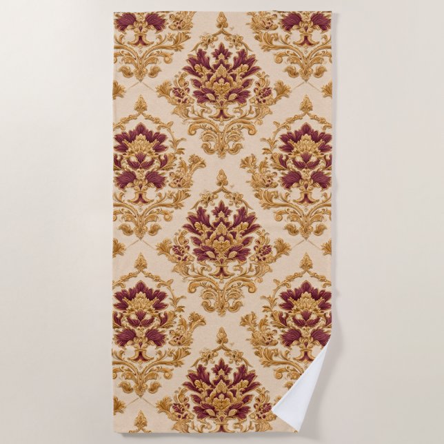 Ivory Gilded Floral Damask Beach Towel (Front)