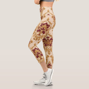 Ivory Gilded Floral Damask Capri Leggings