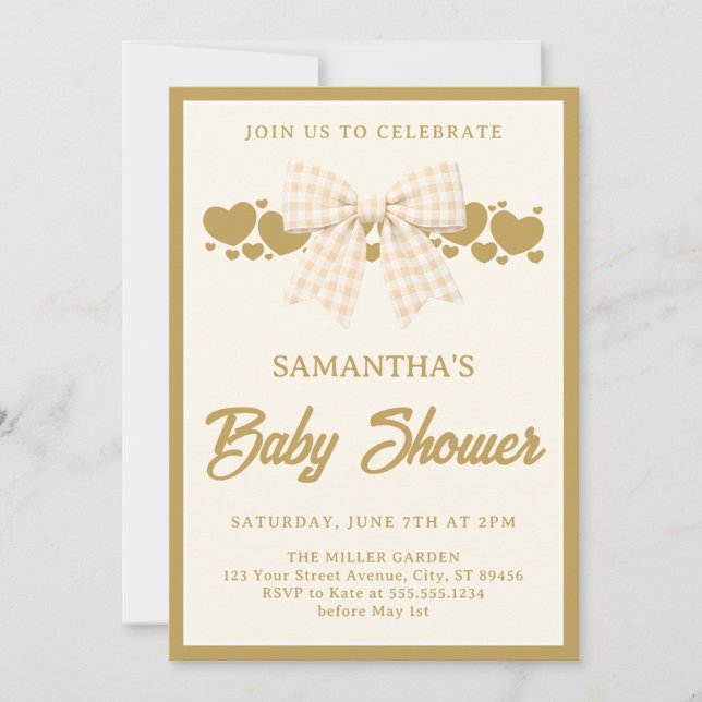 Ivory Gingham Bow Baby Shower Invitation (Front)