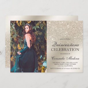 Ivory glitter ombre metallic photo Quinceañera Invitation