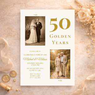 Ivory Gold 50th Anniversary Photo Then and Now  Invitation