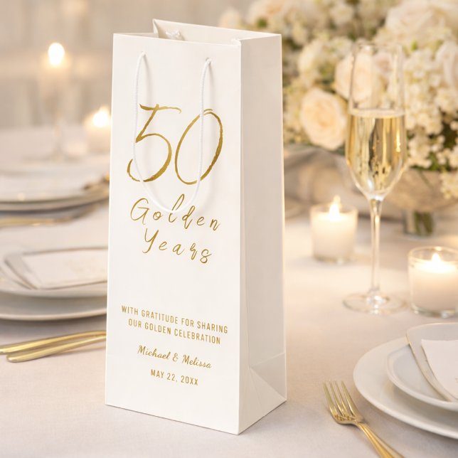 Ivory Gold 50th Golden Years Anniversary  Wine Gift Bag (Elegant wine gift bag styled for a golden 50th wedding anniversary celebration)
