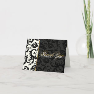 Ivory, Gold, and Black Damask Thank You Card