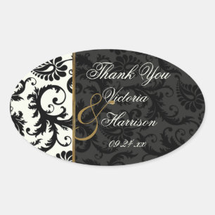 Ivory, Gold, and Black Damask Thank You Sticker