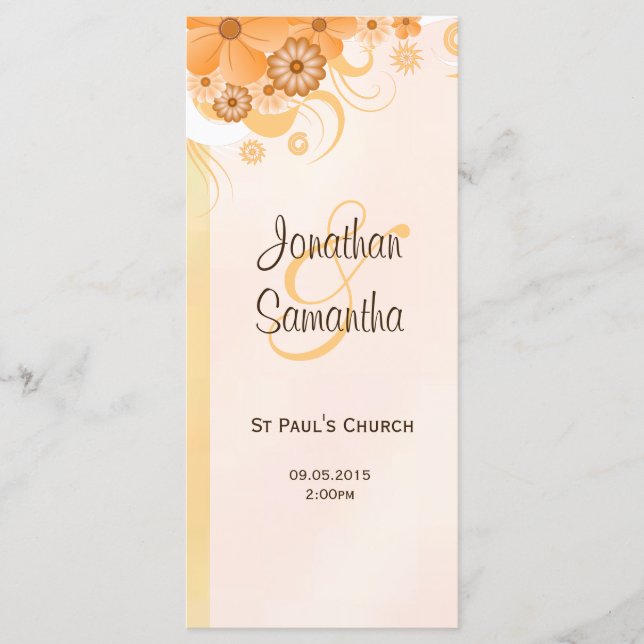 Ivory Gold and Peach Floral Slim Wedding Programs Programme (Front)