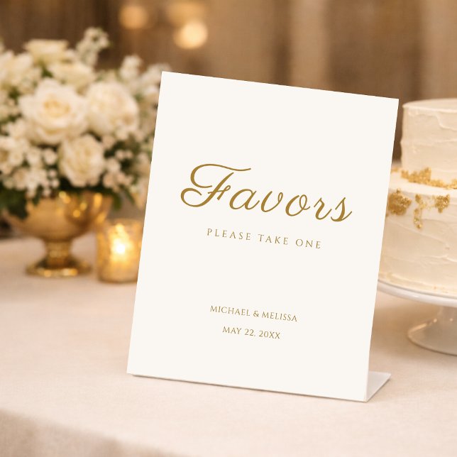 Ivory Gold Anniversary Favours Table Sign (Elegant ivory and gold 50th anniversary favor sign with soft floral glow.)