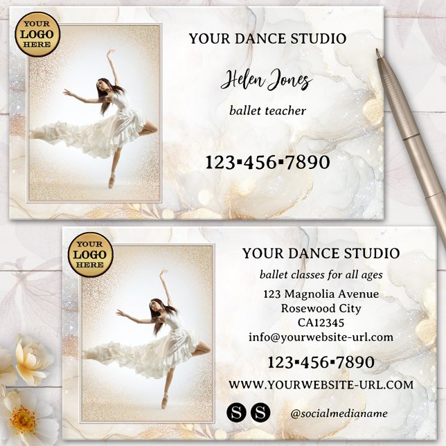 Ivory Gold Artistic Ballet Dance Studio Business Card (Photo business card for a dance or ballet teacher, dance school or studio - logo - social media)