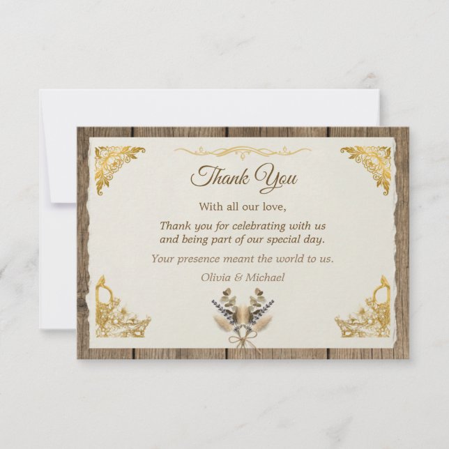 Ivory Gold Boho Floral Rustic Elegant Script Thank You Card (Front)