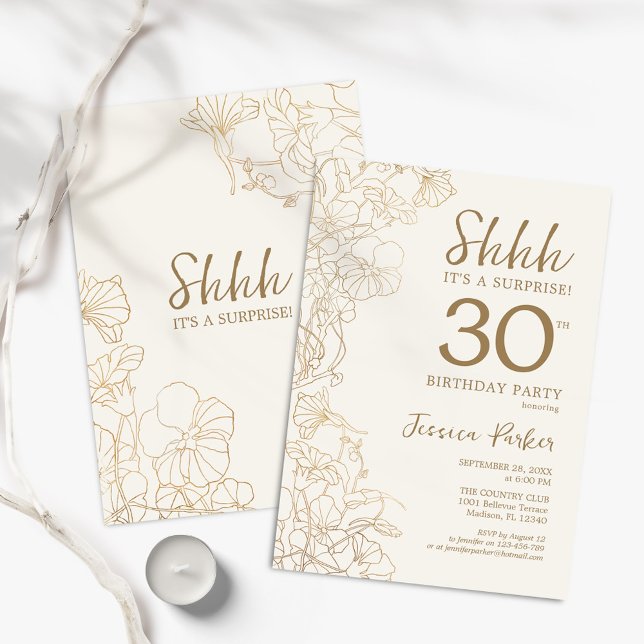 Ivory Gold Botanical Surprise 30th Birthday Invitation (Creator Uploaded)