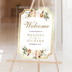 Ivory Gold Christmas Floral Wedding Welcome Acrylic Sign