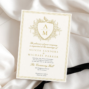 Ivory gold classic formal monogram crest wedding invitation
