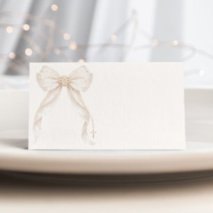 Ivory Gold Coquette Bow Baptism Cross Place Card