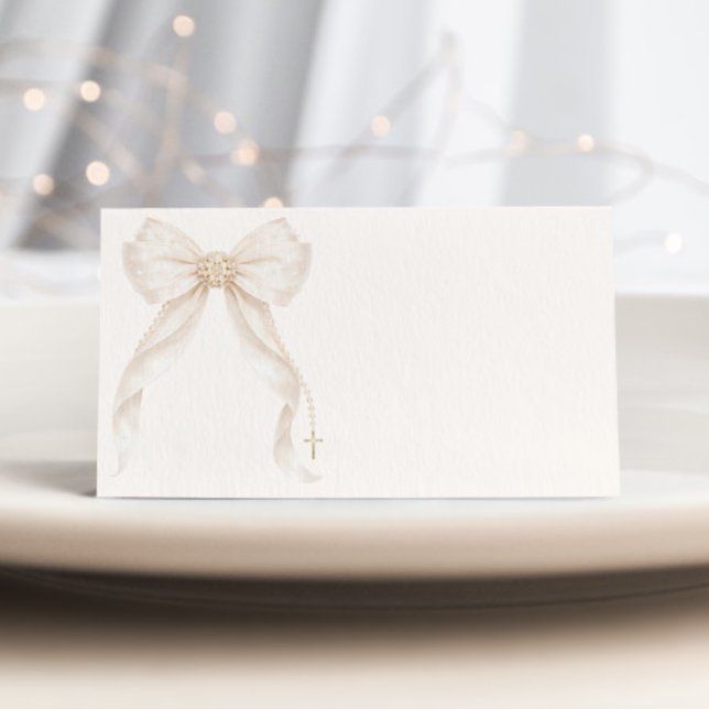 Ivory Gold Coquette Bow Baptism Cross Place Card (Creator Uploaded)