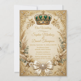 Ivory Gold Crown Pampas Elegant Royal Boho Invitation
