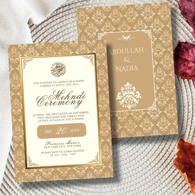 Ivory & Gold Damask Elegance Muslim Wedding Mehndi Invitation (Creator Uploaded)